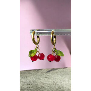 Gold Cherry Huggie Earrings, Gold Ion Plated Stainless Steel Hoops, Glass Beads